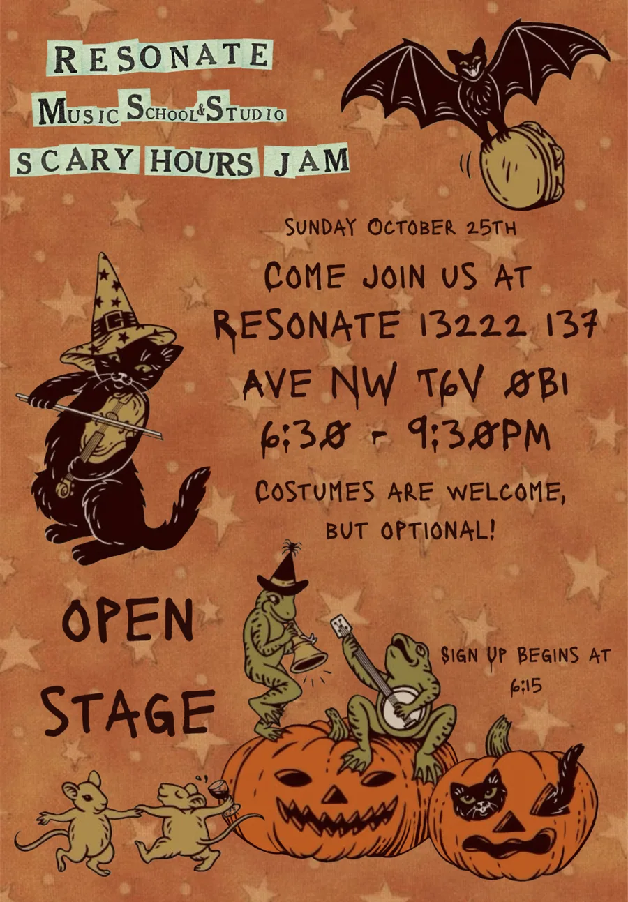 Scary Hours poster: the Resonate After Hours Open Jam goes Halloween on Sunday, October 25, 6:30 to 9:30pm